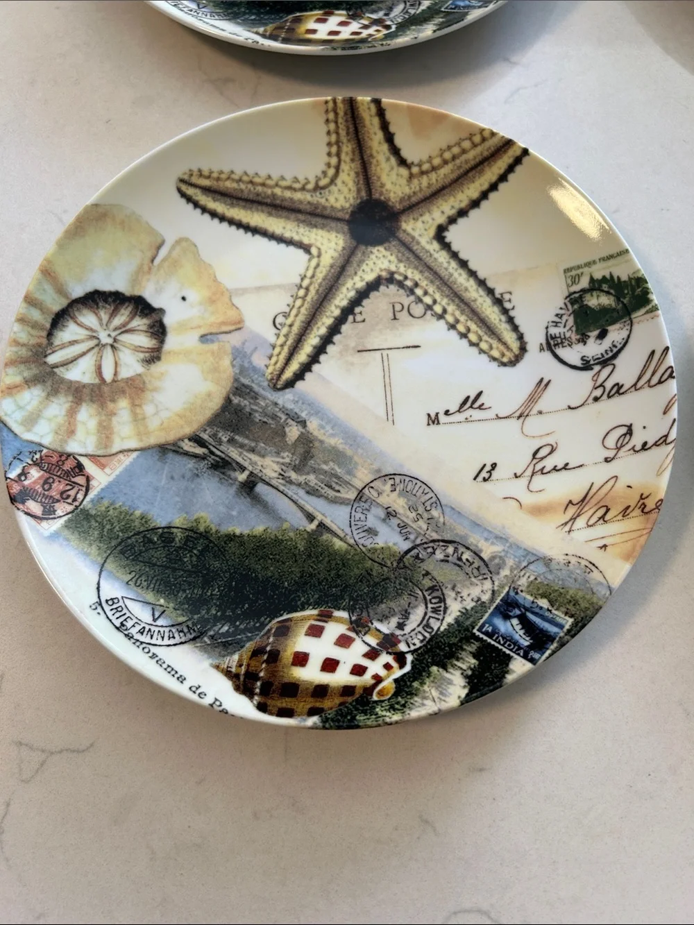 Pottery Barn-Coastal Curiosity Plate Featuring Postcard Design